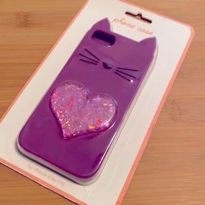 New Phone Case Sleeve Purple Kitty Cat Pink Glitter Shaker Heart iPhone 6/6s/7/8